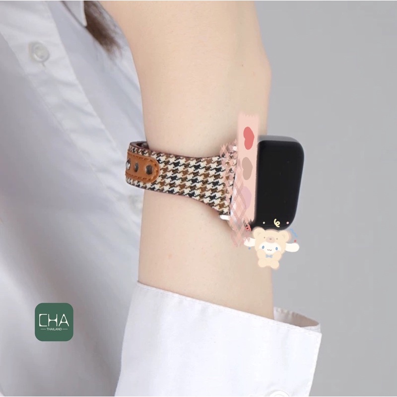 สายหนัง+ผ้า สาย smart watch10/9/8/7/6/5/4/3/2/1/Se ขนาด 38/40/41/42/44/45/46/49mm ลายBB ขอบเล็ก สายสําหรับแอปเปิ้ลวอช