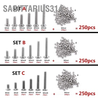 Sagittarius314 สกรูสเตนเลส 304 M3 พร้อมน็อตหกเหลี่ยม 250 ชิ้น