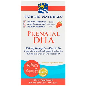 Nordic Naturals, Prenatal DHA, Strawberry, 500 mg, 90 Soft Gels สำหรับคนท้อง