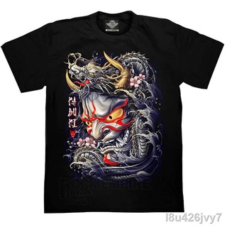 เสื้อยืดผ้าฝ้ายพิมพ์ลายFashion Brand Japan Style Skull Ghost Warrior Prajna Fish Black Male Casual Tee Mens T-Shirt