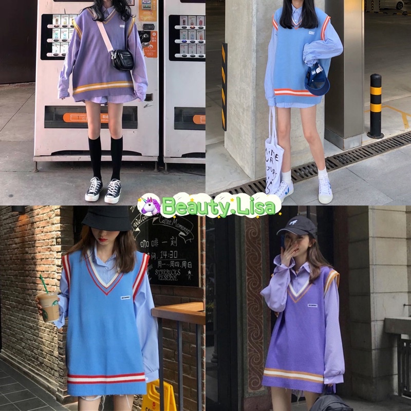 พร้อมส่ง เสื้อกั๊กไหมพรม เสื้อกันหนาวไหมพรม เสื้อกั๊ก ไหมพรม คอวี สไตล์เกาหลี
