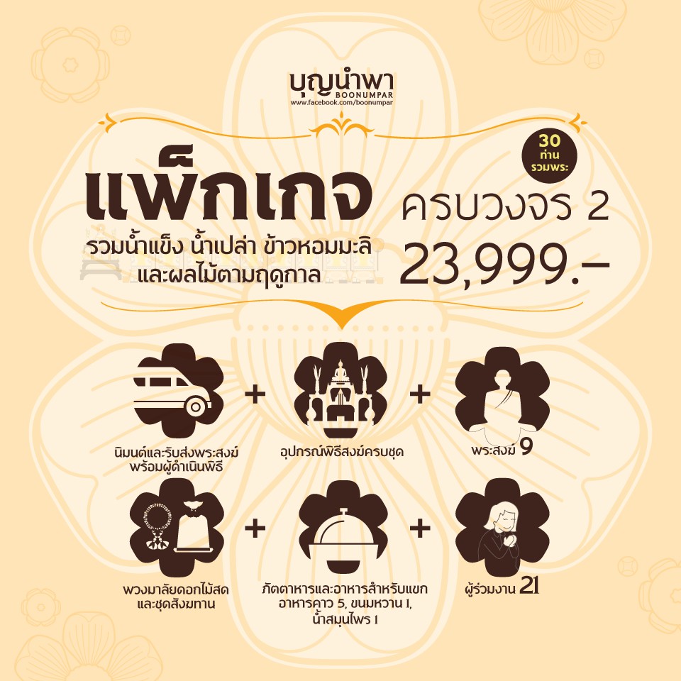 บุญนำพา รับจัดงานบุญ ทำบุญขึ้นบ้านใหม่ ทำบุญออฟฟิศ ทำบุญบริษัท พิธีสงฆ์พร้อมอาหารถวายพระและแขกรวมแขก  30 ท่าน | Shopee Thailand