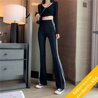 KSA พร้อมส่ง กางเกงขาม้าเอวสูงผู้หญิง เอวสูงยางยืด สไตล์เกาหลี กางเกงขายาวผู้หญิงใส่สบาย สีดำ กีฬาขากว้าง ทรงหลวม xxl