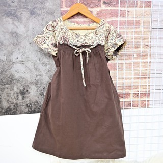ชุดเดรส สำหรับเด็กผู้หญิง ผ้ายืด - สีน้ำตาล ลายดอกไม้