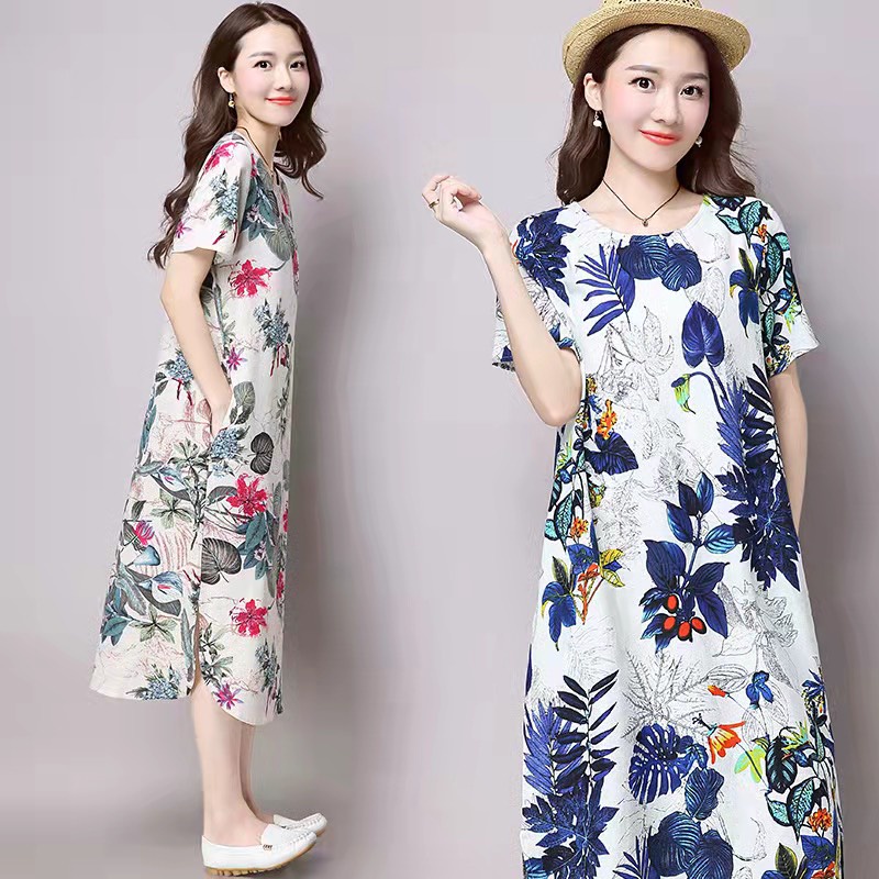 (M-4XL) 2025 สไตล์ใหม่ กระโปรงยาวปานกลางหลวมอเนกประสงค์ พิมพ์ลายย้อนยุคขนาดใหญ่ เดรสแขนสั้นบาง 333#