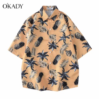 OKADY เสื้อเชิ๊ตผู้ชาย เสื้อเชิ้ตผู้ชายลายดอกไม้ทรงหลวมสไตล์ฮาวาย Beach Trend เสื้อแขนสั้นนักเรียน เสื้อฮาวาย