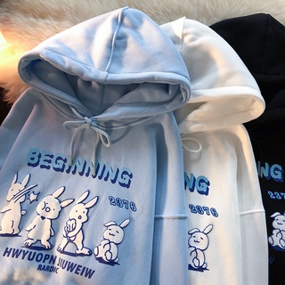 เสื้อกันหนาวลําลอง แขนยาว มีฮู้ด พิมพ์ลายกระต่าย ทรงหลวม แฟชั่นสําหรับผู้หญิง