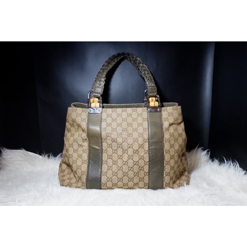 (มือสองของแท้) GUCCI Bamboo GG canvas Tote Bag