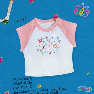 DADDY | Butterfly Glitter Crop Top เสื้อครอป สกรีนลายผีเสื้อ สุดน่ารัก สีขาว