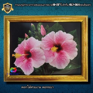 กรอบรูปกระจกพร้อมภาพ ดอกชบาสีขมพูสวยงาม สดชื่น ขนาด18×23"นิ้ว