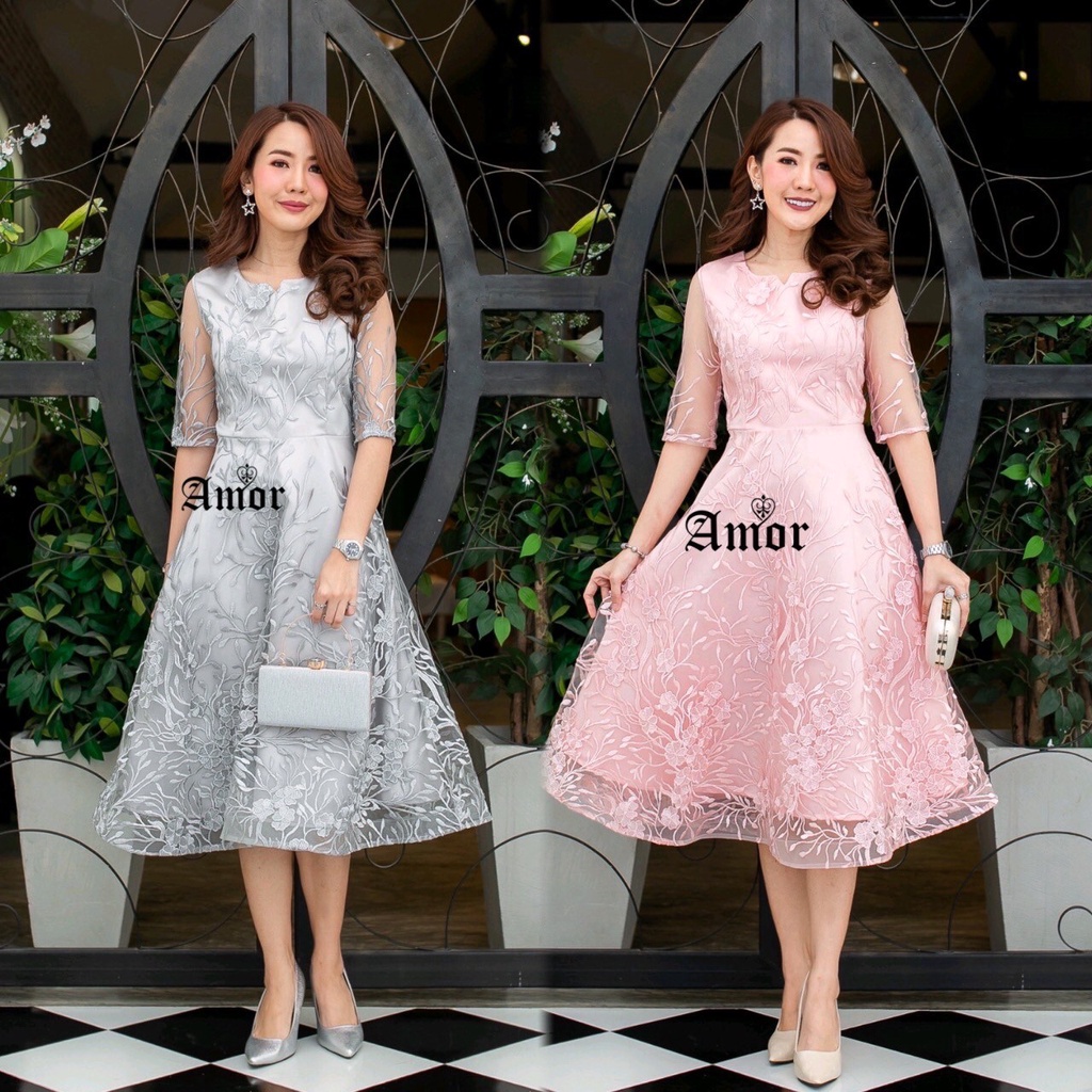 ชุดออกงาน ขุดราตรี ชุดไปงาน ชุดเดรส ชุดคนอ้วน 318 # Amor Elegant Embroidery Dress