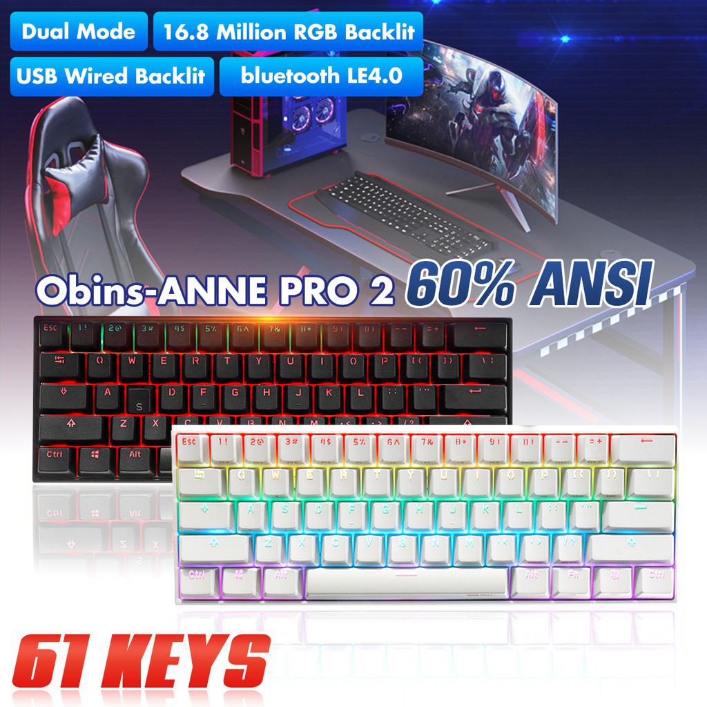 anne pro 2 แป้นพิมพ์เล่นเกม แบบไร้สายเชื่อมต่อบลูทูธ usb rgb 61 คีย์