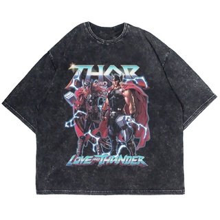 เสื้อยืดผ้าฝ้ายพิมพ์ลายแฟชั่นเสื้อยืดแขนสั้น ขนาดใหญ่ พิมพ์ลาย THOR LOVE THUNDER WASHING VINTAGE