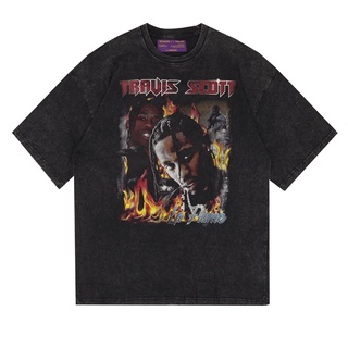 เสื้อยืดคอกลมเสื้อยืด พิมพ์ลาย Travis SCOTT LA FLAME OVERSIZED WASHED สําหรับผู้ชายS-5XL