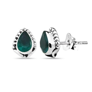 Silver thai 925 Silver Emerald Green Oval Shape Stud Earring925ไพลินหยดน้ำตาต่างหูสตั๊ดสีเขียวเข้ม