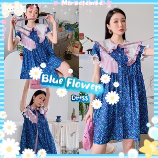 Blue Flower Dress เดรสคอบัวลายดอกไม้ โทนสีน้ำเงิน แต่งกุ๊นระบายชมพู งานน่ารักมาก แขนตุ๊กตา เดรสลายดอกไม้ งานป้ายypy