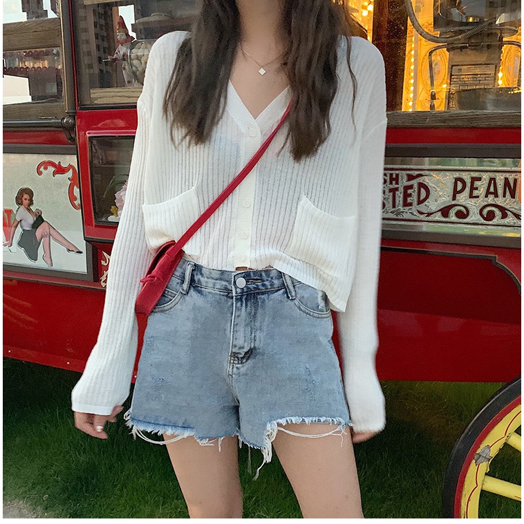 Grace_chili 0368 คาร์ดิแกน เสื้อครอปแขนยาว กระดุมแกะได้ เสื้อคลุมบาง ผ้านิ่มใส่สบาย