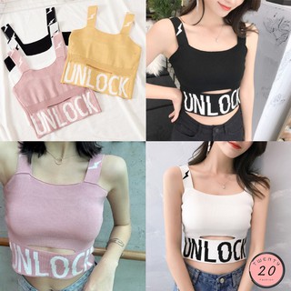 🎇 New2023 🎇 เสื้อครอปสายเดี่ยว แต่งลาย UNLOCK 4 สี ผ้าไหมพรม