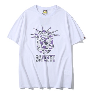 HH Hot-Sale Bape NYC New York limited purple camouflage ape head cotton short-sleeved T-shirt คอกลม