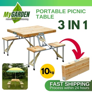 [ READY STOCK ] Wooden Picnic Table Foldable Meja Lipat Kayu With 4 Chairs Folding Adjustable Outdoor Camping (8081)户外桌子
