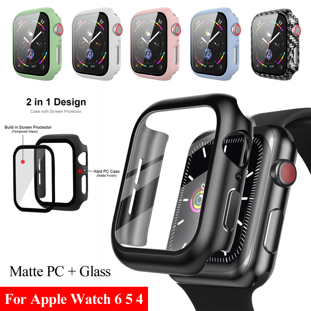 Matte Case สําหรับ Apple Watch Series 6 5 4 SE กระจกนิรภัยคาร์บอน PC Full Cover Screen Protector สํา
