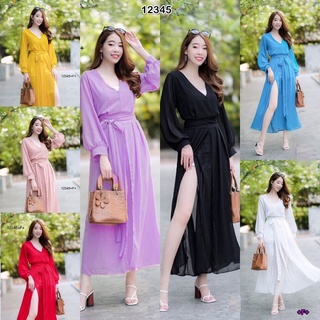 Dress เดรสคอวียาว งานผ้าชีฟองพริ้วๆ เลยค่ะ เนื้อผ้าใส่สบาย มีซิปหลัง เอวเย็บติดสายผูกสวยๆ