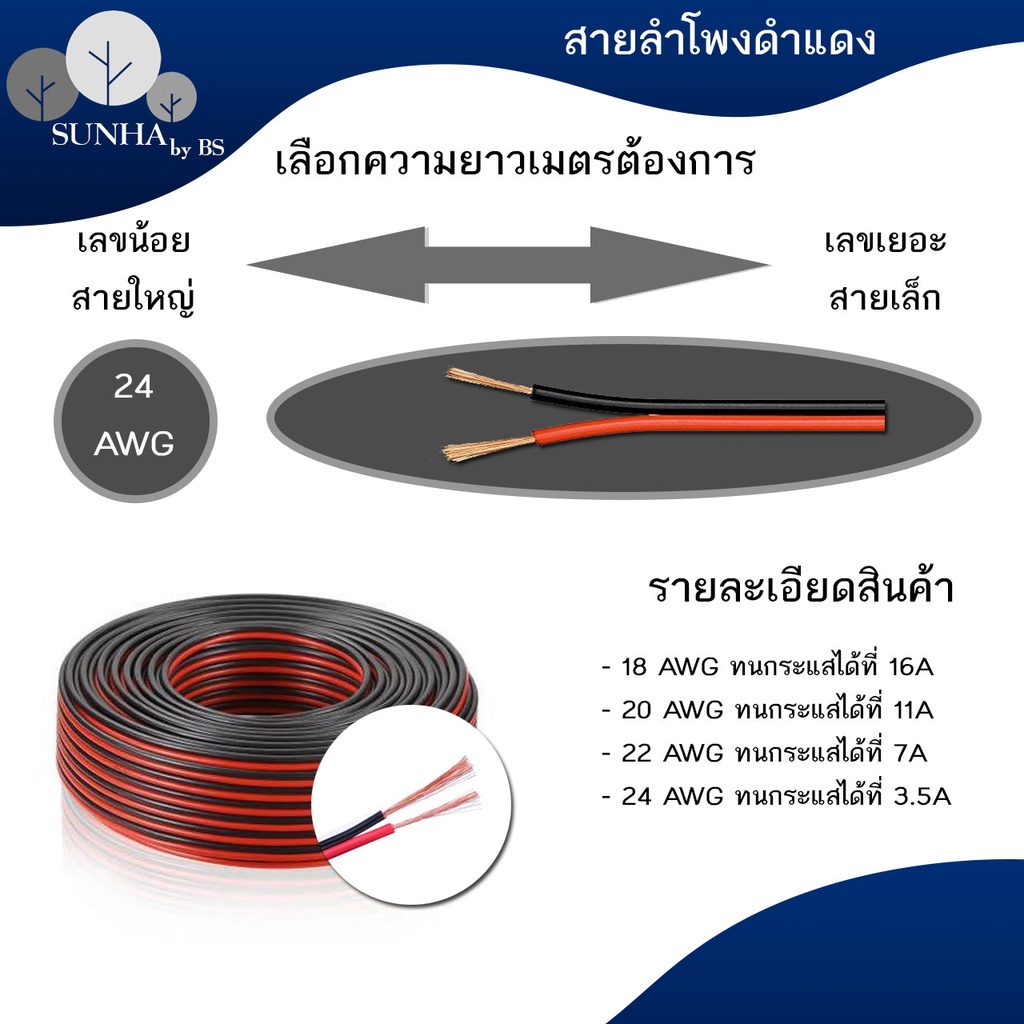 สายไฟ 18 AWG / 24 AWG สีดำแดง ทองแดงแท้ ใช้กับระบบไฟ เครื่องใช้ไฟฟ้า เครื่องเสียงรถยนต์ เอนกประสงค์ 