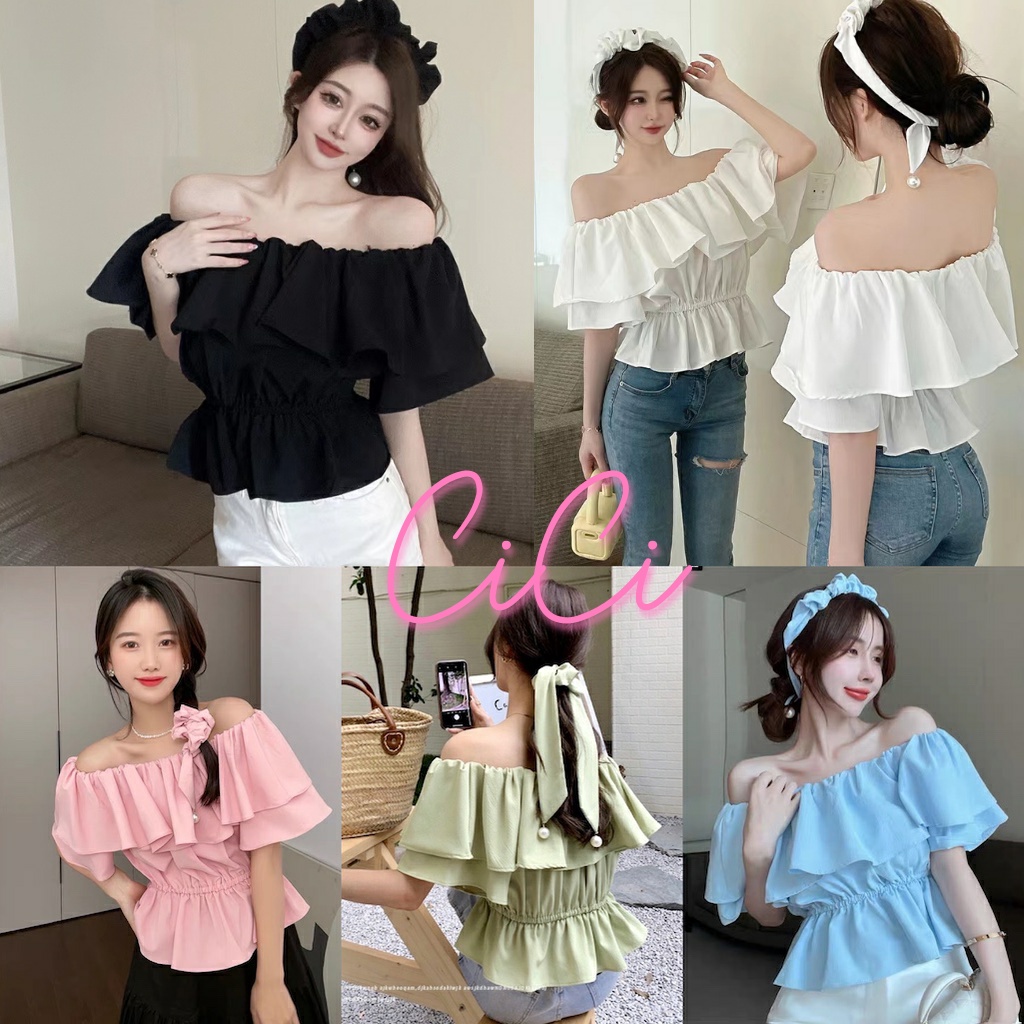 Cici พร้อมส่ง (NO.2233)เสื้อปาดไหล่แต่งขายระบาย ผ้าหนานุ่มจั้มเอว ยืดได้เยอะ มีสายแต่งไข่มุกแถมไปกับแมทซ์