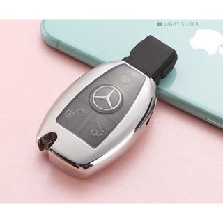 เคสกุญแจรถยนต์ BENZ ซิลิโคน TPU  ปุ่มใส สีเงิน แบบสวม พร้อมสายคล้องสีดำ แบบ ตะขอคล้อง