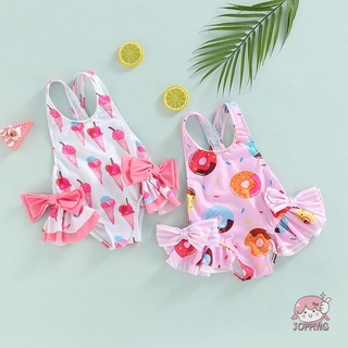 JOP7-Kids Girls Swimwear, Sleeveless Doughnut/Ice Cream Printed Large Bowknot Ruffled Triangle Bathing Romper