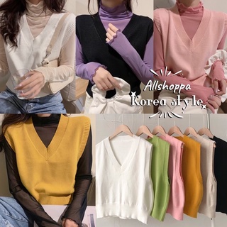 Allshoppa | (6สี) ส่งทันที! 📌 Knit เสื้อกั๊กไหมพรมเนื้อนุ่ม เสื้อแขนกุด สีพื้นกันหนาว สไตล์เกาหลี