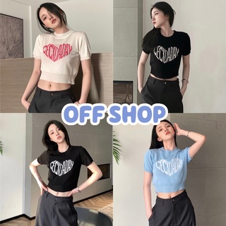 OFF SHOP พร้อมส่ง (OFF-66050)  เสื้อครอผไหมพรม คอกลม แขนสั้น ปักตัวอักษรตัวใจน่ารักมาก