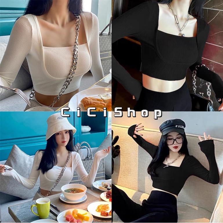 Cicishop(8589)เสื้อท็อปไหมพรมแขนยาวคอเหลี่ยม ใส่แล้วคอดูยาวระหงส์ มีลูกเล่นด้านหน้า แมชกับอะไรก็สวย