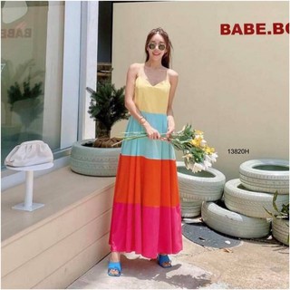 MF13820🍓 Maxi Dress แม็กซี่เดรสสายเดี่ยวไขว้หลัง ดีเทลแต่งสลับสีตัดกันลงตัวสุดๆคะ  ผ้าโฟร์เวย์ ใส่ออกมาแล้วเป๊ะเว่อร์