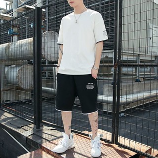 ♈2021 [ชุด] ผู้ชายฤดูร้อนใหม่สบาย ๆ เสื้อยืดแขนสั้นกางเกงขาสั้นหลวมเทรนด์กีฬาแบรนด์สูท