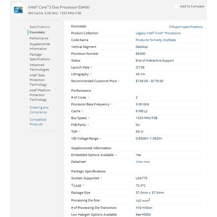 Origianl Intel Core 2 Duo E8400 โปรเซสเซอร์ CPU (3.0Ghz/ 6M /1333GHz) ซ็อกเก็ต 775 #1