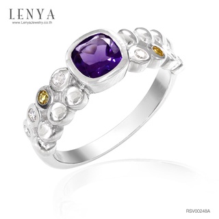 LenYa แหวนเงินแท้ ชุบทองขาว ประดับพลอยสีม่วงอเมทิสต์( Amethyst) ทรงสี่เหลี่ยม และเม็ดกลมเล็กสีเหลือง ซิทริน( Citrine)