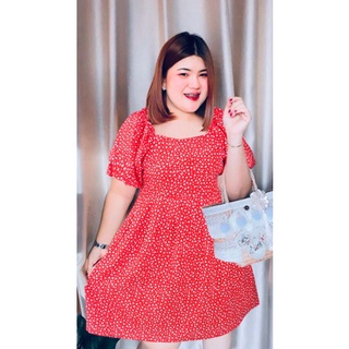 เดรสสั้น คอเหลี่ยมแขนบอลลูน ตีเกล็ดใต้อก สม็อคหลัง ลายหัวใจอก 38-50”ยาว 36นิ้ว