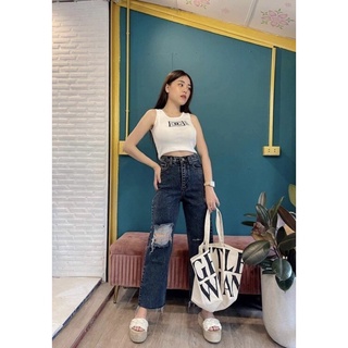 🎉พร้อมส่ง👖รุ่นฮิตขาดเข่าเอวสูง สีดำสโนว์ ทรงกระบอกเก็บพุงดีมาก สวยสุดๆ