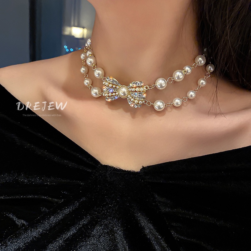 DREJEW เครื่องประดับ สร้อยคอโซ่สั้น ประดับโบว์ และไข่มุก สองชั้น สไตล์ยุโรป และอเมริกา แฟชั่นสําหรับผู้หญิง