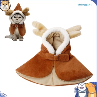 SG--Home Winter Christmas Pet Cat Dog Cold Protection Thick Plush Cloak Antler Hat