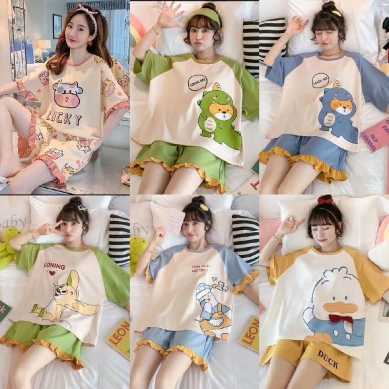 SYชุดนอนผู้หญิงแขนสั้นพิมพ์ลายการ์ตูนสไตล์เกาหลีน่ารัก พร้อมส่ง (ทุกตัวเป็นฟรีไชค์ค่ะ)