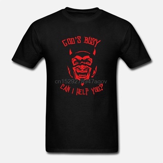 เสื้อยืดผ้าฝ้ายพิมพ์ลายแฟชั่น ใหม่ เสื้อยืด พิมพ์ลาย God Is Busy Can I Help You Funny Devil Joke Satanic Rock Metal Gfjl