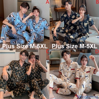 พลัสขนาด M-5XL ผู้ชายผู้หญิงคู่แขนสั้นชุดนอนผ้าซาตินผ้าไหมชุดชายหญิงชุดนอนหวาน