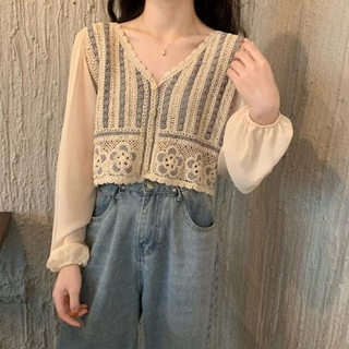 ส่งทันที Ciciเสื้อแขนยาวไหมพรมถักแต่งลายฉลุซีทรูดอกไม้​ สีโทนอุ่น​สีพื้น(A11)