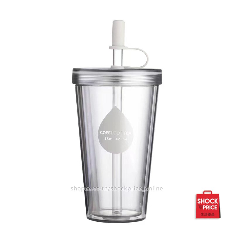 NEW!! แก้ว Tumbler หนา 2 ชั้น แถมหลอด สไตล์เกาหลี แก้วกาแฟ แก้วน้ำพลาสติกใส่หลอดได้