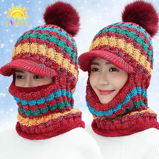 Cvmax หมวกถัก ผู้หญิง ฤดูหนาว ป้องกันหู ผ้าพันคอ หมวกกะโหลก หมวกปอมปอม