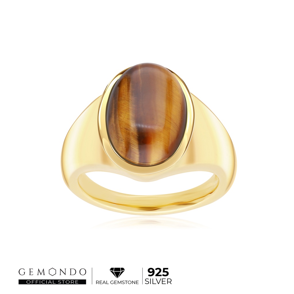 Gemondo แหวนเงินแท้ 925 ชุบทอง 18K ประดับพลอยตาเสือ (Tiger Eye) ดีไซน์ทันสมัย เรียบง่าย