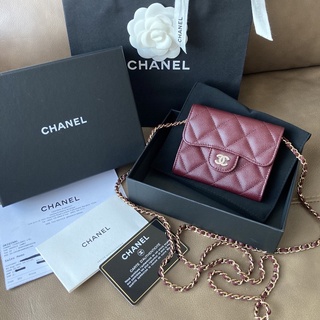 New! Chanel Classic Caviar Burgundy XL Card Holder With Chain Bag GHW Holo31