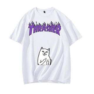 【100% cotton】[มีสินค้า] [ค่ส่งฟร] ｛Cod｝9 สีแขนสั้นผู้ชายหลวม Ripndip X แมวสีขาวนิ้วกลางตรงภาพการ์ตูนตัวอักษรพิมพ์ผู้ชายผ